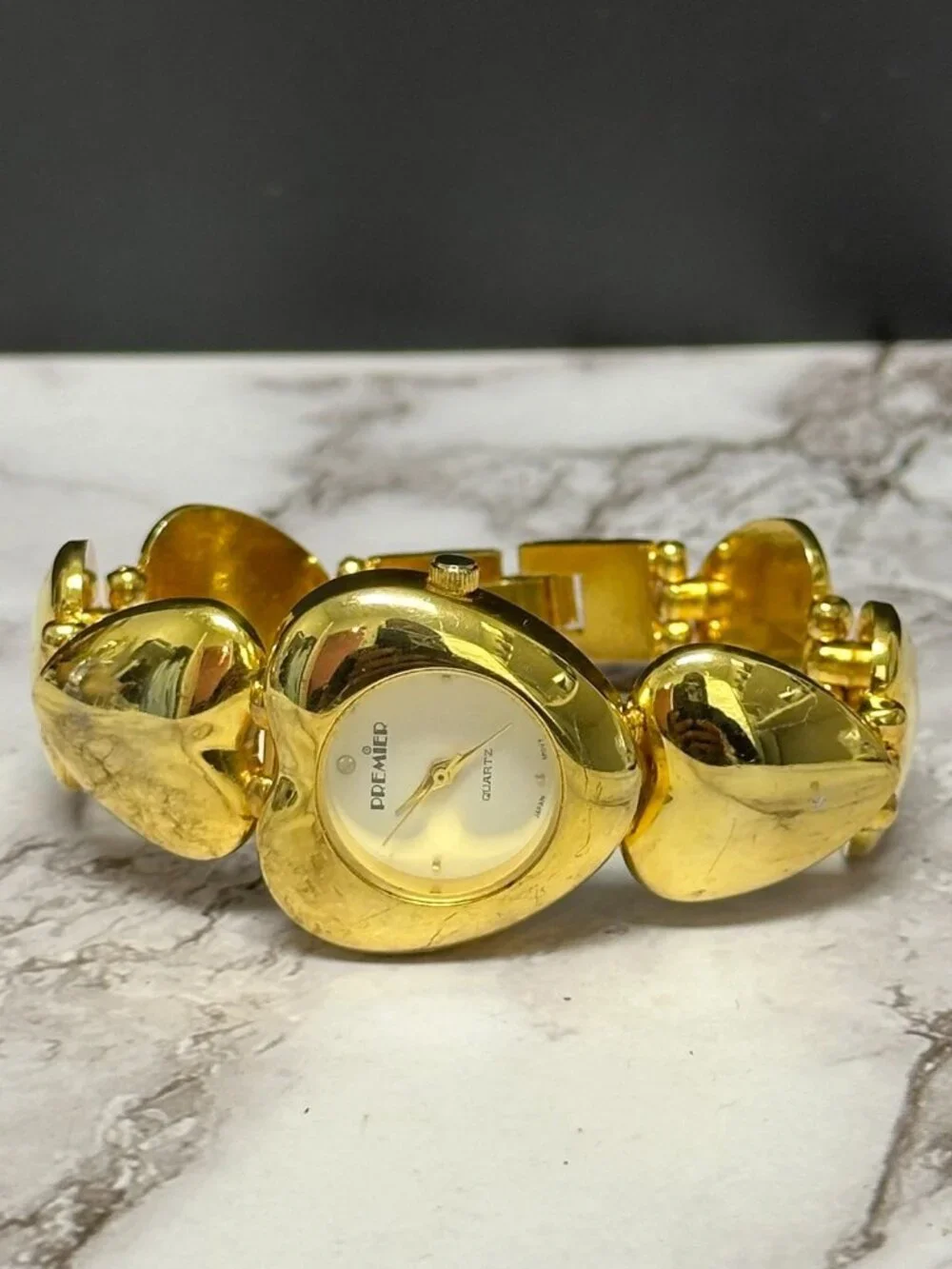 Vintage Heart Watch Women Gold Tone White Dial Chunky Statement 6.75